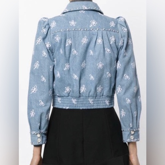 Marc Jacobs Stud Broderie Anglaise Daisy Embroidered Denim Jacket In Blue - Picture 3 of 13